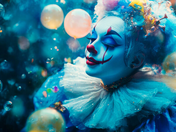 Eine Person mit Clown-Schminke und einem weißen Rüschenkragen, umgeben von aufsteigenden Seifenblasen und einem tiefblauen Hintergrund.