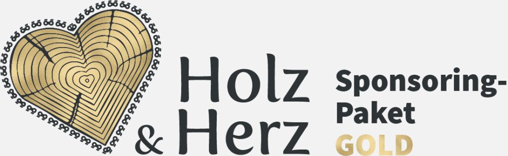 Logo des Sponsoring-Pakets GOLD für das Holz & Herz Motorsägen-Kunstfest in Peršlák – ein stilvolles Herz aus Baumringen mit der Aufschrift "Holz & Herz" und "Sponsoring-Paket GOLD".
