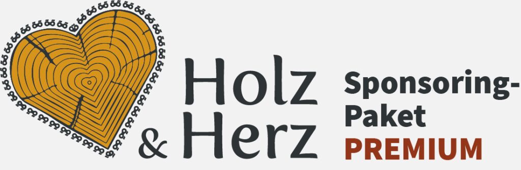 Logo des Premium-Sponsoring-Pakets für das Holz & Herz Motorsägen-Kunstfest in Peršlák, dargestellt mit einem stilisierten Herz aus Baumringen und der Aufschrift "Holz & Herz Sponsoring-Paket PREMIUM".
