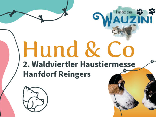 Titelsujet für die 2. Waldviertler Haustiermesse "Hund & Co" im Hanfdorf Reingers mit dem Veranstalterlogo "Wauzini Hund & Co" und Illustrationen von einem Hund und einer Katze.