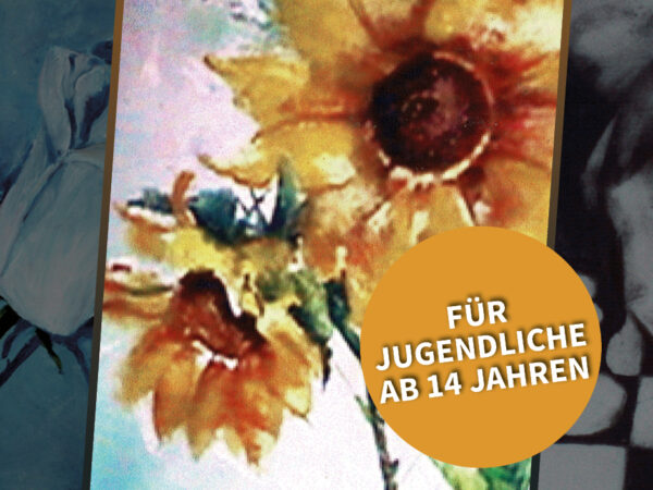 Collage dreier Werke von Lydia Reichberg: Blütenstudie, Sonnenblumen, Handzeichnung – Kunstkurs für Jugendliche ab 14 Jahren