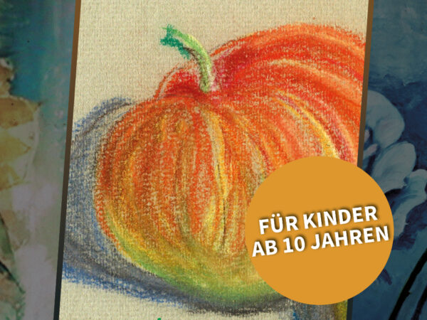 Collage aus drei Kunstwerken von Lydia Reichberg: Sonnenblumen-Aquarell, Kürbiszeichnung und Blütenstudie – Malkurs für Kinder ab 10 Jahren